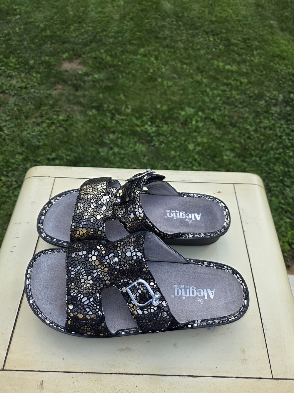 Alegria Black Metallic Mosaic Slide Sandals